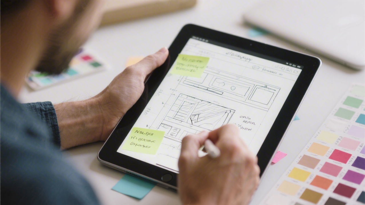 Designer sketching a website wireframe on a tablet with notes and color samples, showing a hands-on web design process and clear focus on user experience.
