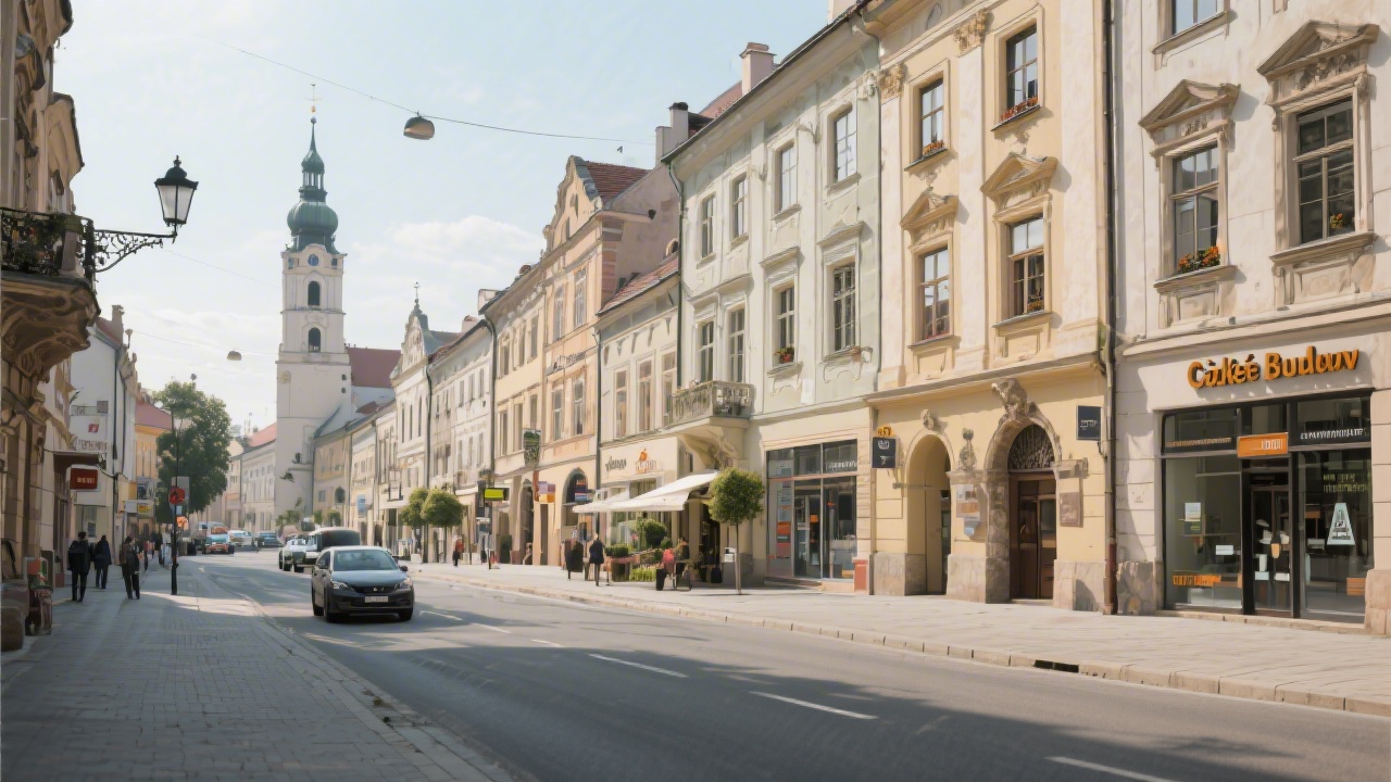 Street view of České Budějovice with historic buildings and modern businesses, showing local atmosphere and connection to regional companies in South Bohemia.